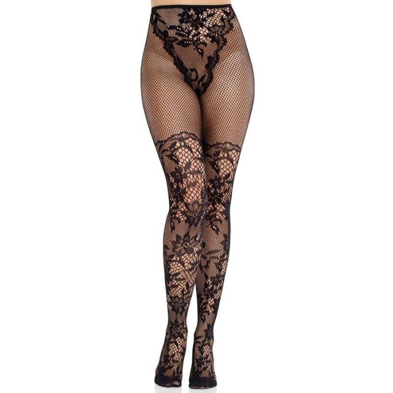LEG AVENUE - MEDIAS DE ENCAJE DAHLIA CON DETALLE DE RED NEGRO