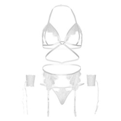 LEG AVENUE - SET CUATRO PIEZAS SUJETADOR, LIGUERO, TANGA Y PUÑOS TALLA ÚNICA - BLANCO