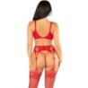 LEG AVENUE - SUJETADOR + TANGA + MEDIAS DE REJILLA ROJO TALLA ÚNICA
