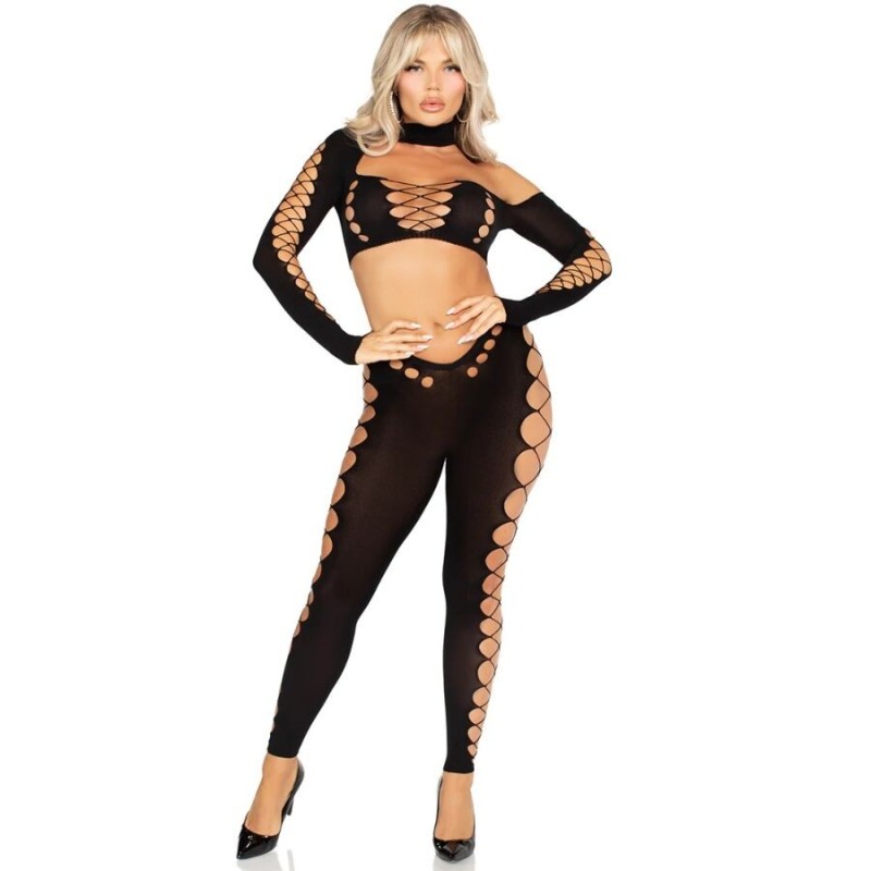 LEG AVENUE - CROP TOP Y LEGGINGS CUT-OUT SIN COSTURAS NEGRO