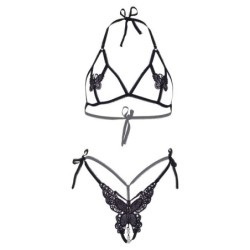 LEG AVENUE - SET DOS PIEZAS SUJETADOR Y TANGA DE MARIPOSAS Y PERLAS TALLA ÚNICA - NEGRO