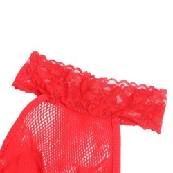 SUBBLIME - 952372 BODYSTOCKING CROTCHLESS DE REJILLA Y ENCAJE CON CUELLO ALTO ROJO TALLA ÚNICA