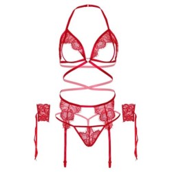 LEG AVENUE - SET CUATRO PIEZAS SUJETADOR, LIGUERO, TANGA Y PUÑOS TALLA ÚNICA - ROJO
