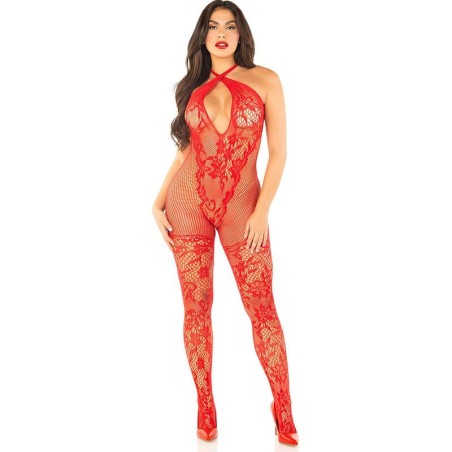 LEG AVENUE - BODYSTOCKING DE REJILLA CON ESTAMPADO DE FLORES ROJO TALLA ÚNICA