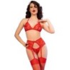 CHILIROSE - CR 4848 SET SUJETADOR + TANGA + MEDIAS DE ENCAJE ROJO L