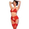 CHILIROSE - CR 4848 SET SUJETADOR + TANGA + MEDIAS DE ENCAJE ROJO XL