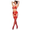 CHILIROSE - CR 4848 SET SUJETADOR + TANGA + MEDIAS DE ENCAJE ROJO XL